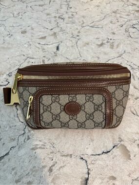 Brand New Gucci Beige Monogram Canvas & Brown Leather Belt Bag w/ Gold Hardware